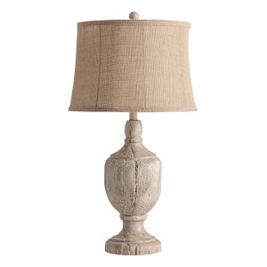 Lámpara de sobremesa de estilo provenzal fabricado en resina en color marrón con acabado envejecido combinado con yute. Producto desmontable.