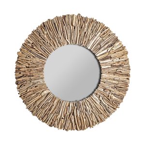 Espejo Varverg de estilo étnico fabricado en madera tropical en color marrón con acabado envejecido combinado con espejo. Bastones madera.