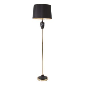 Lámpara de pie de estilo clásico fabricado en hierro en color negro combinado con vidrio en color oro y poliéster.