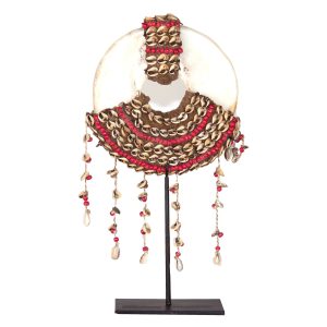 Figura Collar piedra de estilo étnico fabricado en piedra en color blanco combinado con metal en color rojo y concha. Producto desmontable.