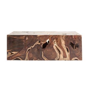 Mesa de centro Sabha de estilo étnico fabricado en madera pasania en color marrón con acabado envejecido.