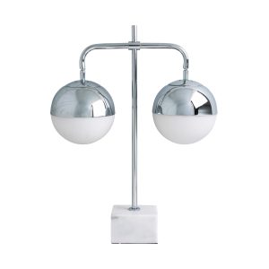 Lámpara de sobremesa de estilo art deco fabricado en hierro en color blanco combinado con mármol en color plata y vidrio. Producto desmontable.