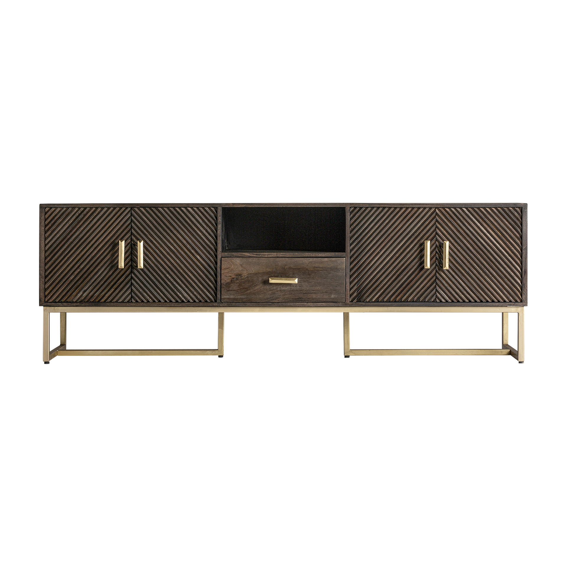 Mueble tv Kraj de estilo art deco fabricado en hierro en color marrón combinado con madera de mango en color oro.