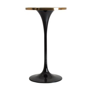 Mesa bar Than de estilo art deco fabricado en hierro en color negro con acabado brillo combinado con mármol sintético en color oro y acero. Producto desmontable.