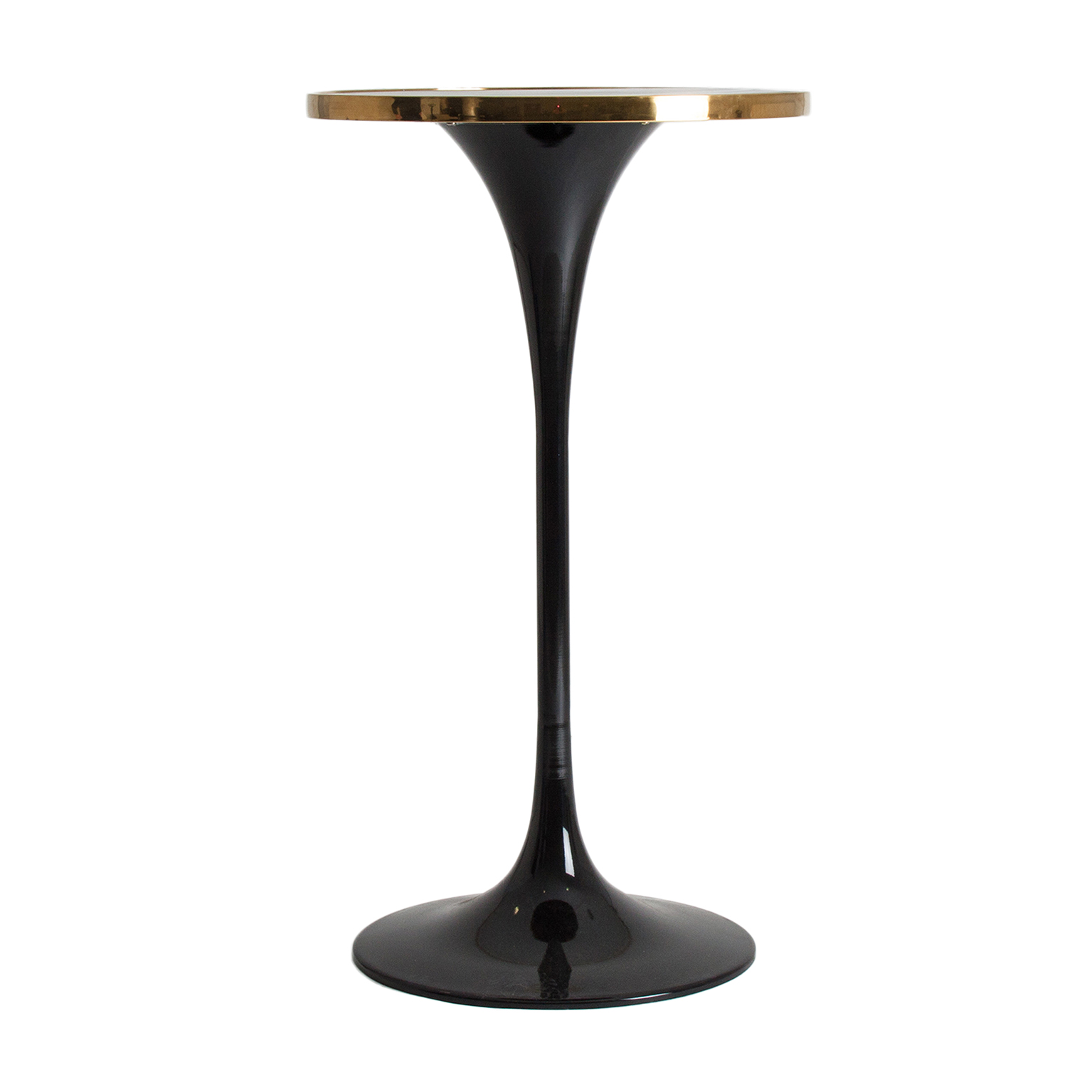 Mesa bar Than de estilo art deco fabricado en hierro en color negro con acabado brillo combinado con mármol sintético en color oro y acero. Producto desmontable.