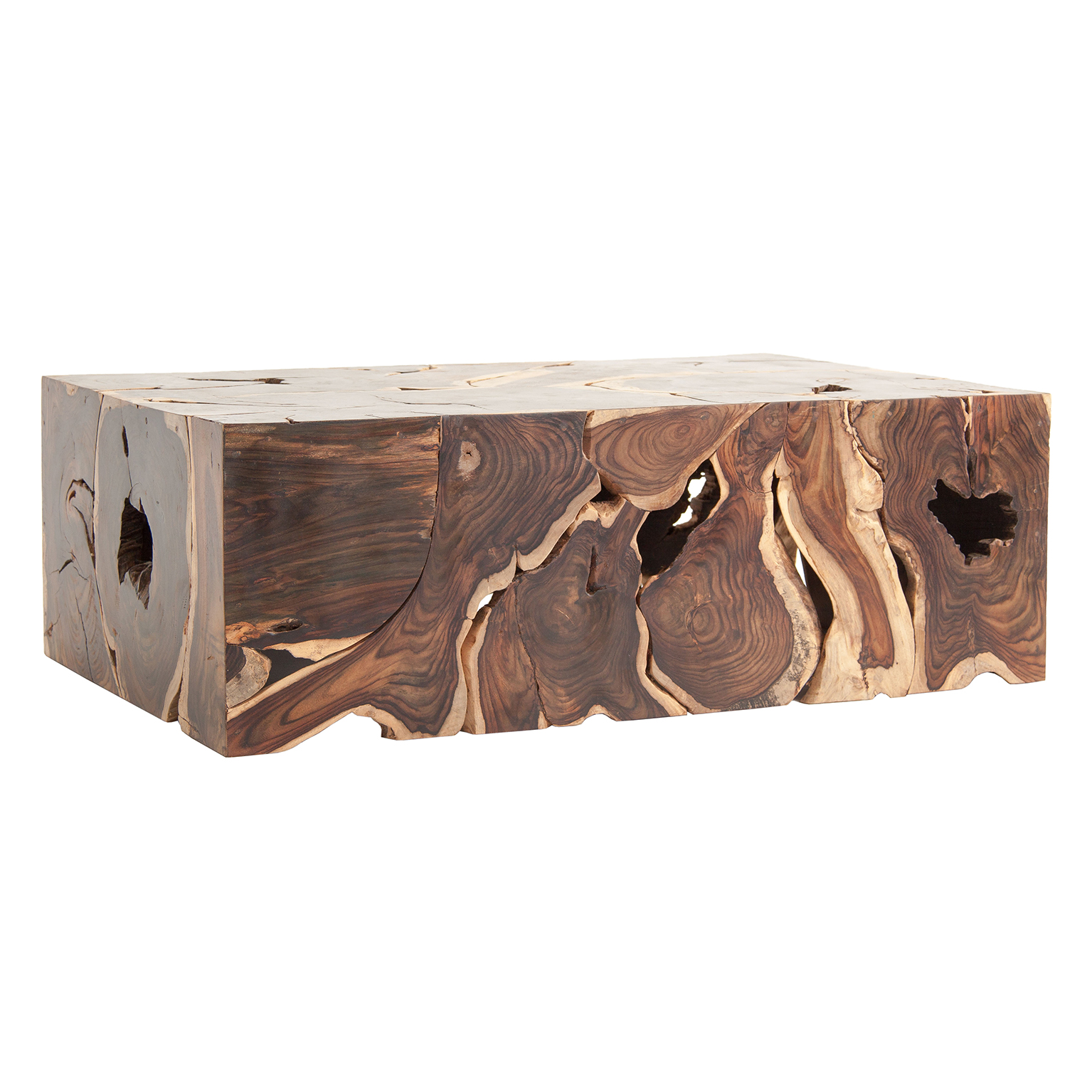 Mesa de centro Sabha de estilo étnico fabricado en madera pasania en color marrón con acabado envejecido.