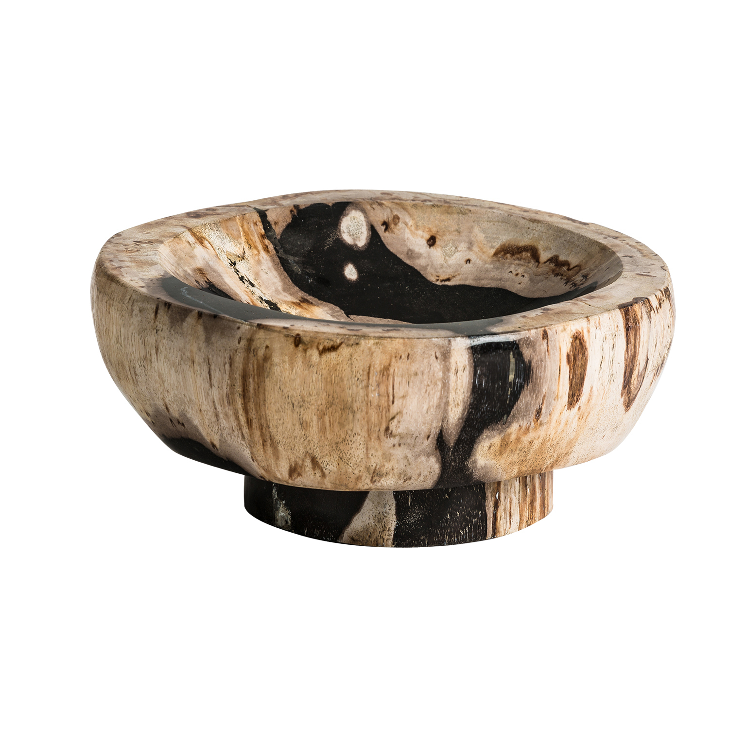 Cuenco de estilo étnico fabricado en madera petrificada en color multicolor con acabado envejecido.
