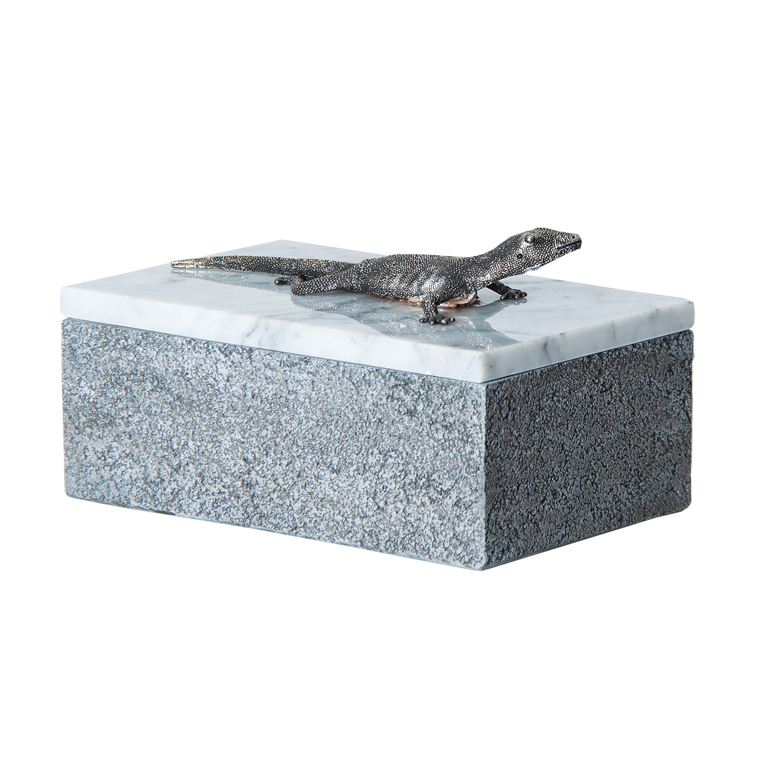 Caja Lagarto de estilo contemporáneo fabricado en mármol en color blanco en color gris.