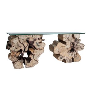 Consola beyneu de estilo contemporáneo fabricado en madera tropical en color marrón. Producto desmontable.