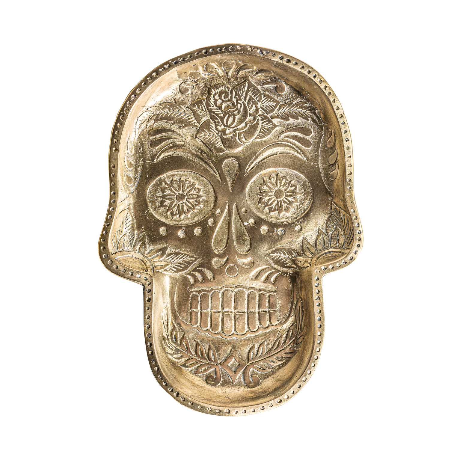 Vacia bolsillos Calavera de estilo art deco fabricado en bronce en color oro con acabado viejo.