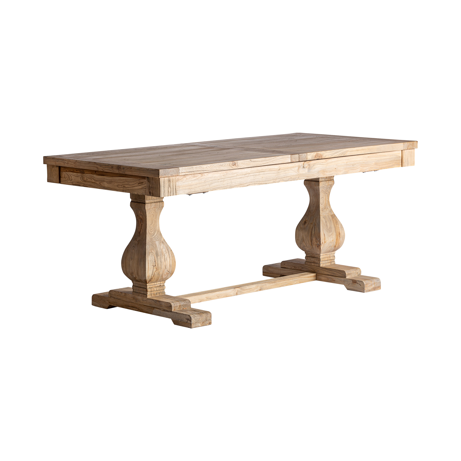 Mesa extensible Berca de estilo clásico fabricado en madera de olmo reciclado en color marrón. Madera proveniente de antiguas puertaspor lo que puede haber imperfecciones. . Producto desmontable extensible.