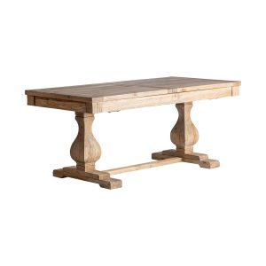 Mesa extensible Berca de estilo clásico fabricado en madera de olmo reciclado en color marrón. Madera proveniente de antiguas puertas por lo que puede haber imperfecciones. . Producto desmontable extensible.