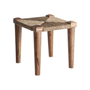 Taburete Kaaji de estilo étnico fabricado en madera de mango en color marrón combinado con yute. Producto desmontable.