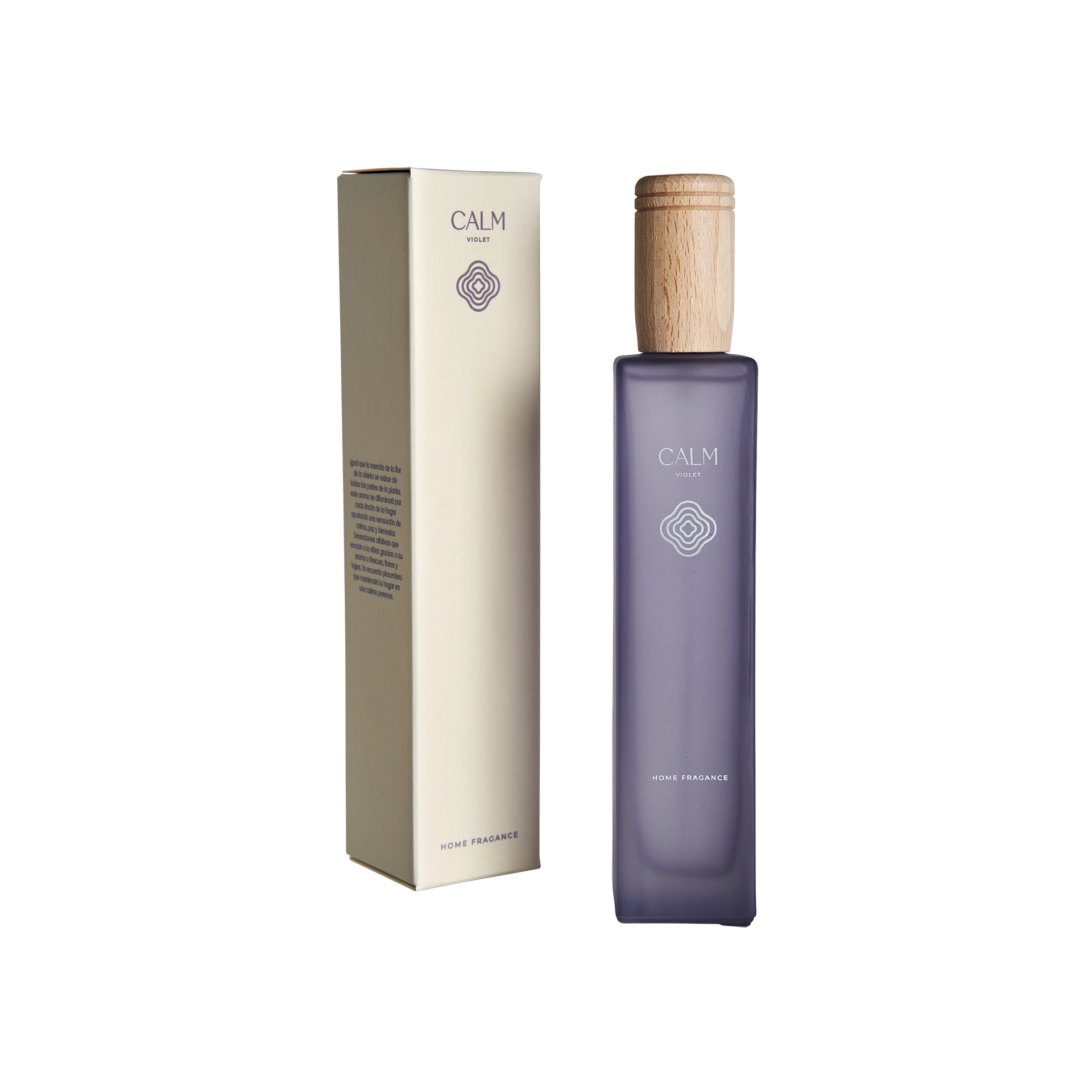 Spray Calm de estilo shabby chic fabricado en vidrio en color morado combinado con madera de haya. 85% de alcohol 15% de violeta nenufar.