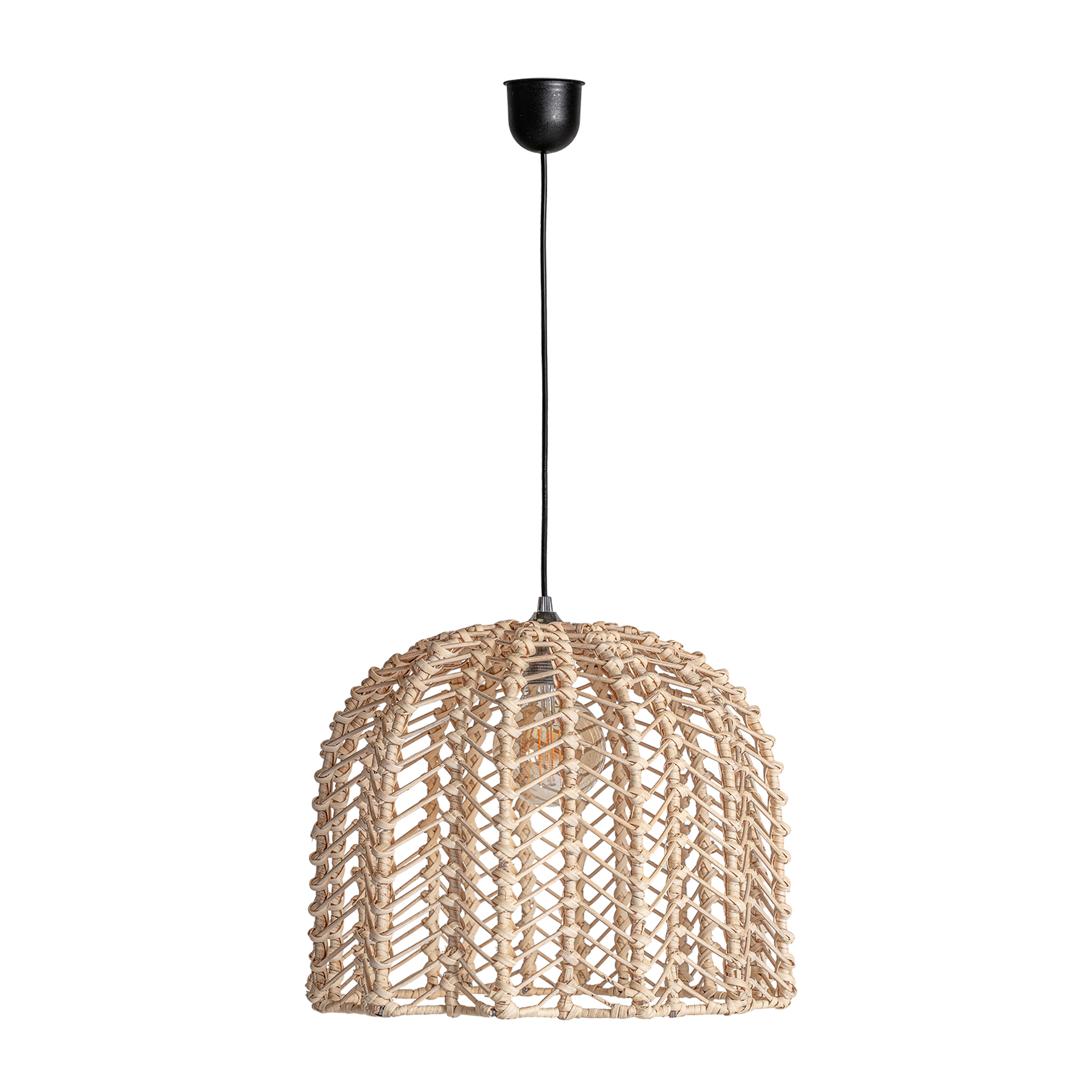 Lámpara de colgar Plissé rattan de estilo nórdico fabricado en ratán en color marrón combinado con acero.