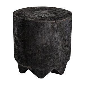 Mesa auxiliar Kepoi de estilo étnico fabricado en madera suar carbonizada en color negro con acabado envejecido.