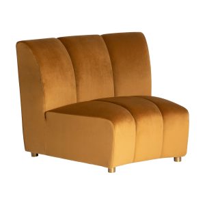 Módulo sofá central Shul de estilo art deco fabricado en terciopelo en color mostaza combinado con espuma y poliéster.