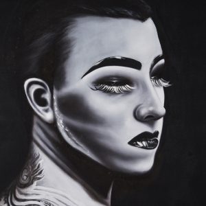 Lienzo Charlotte de estilo contemporáneo fabricado en lienzo en color blanco con acabado artesanal en color negro.