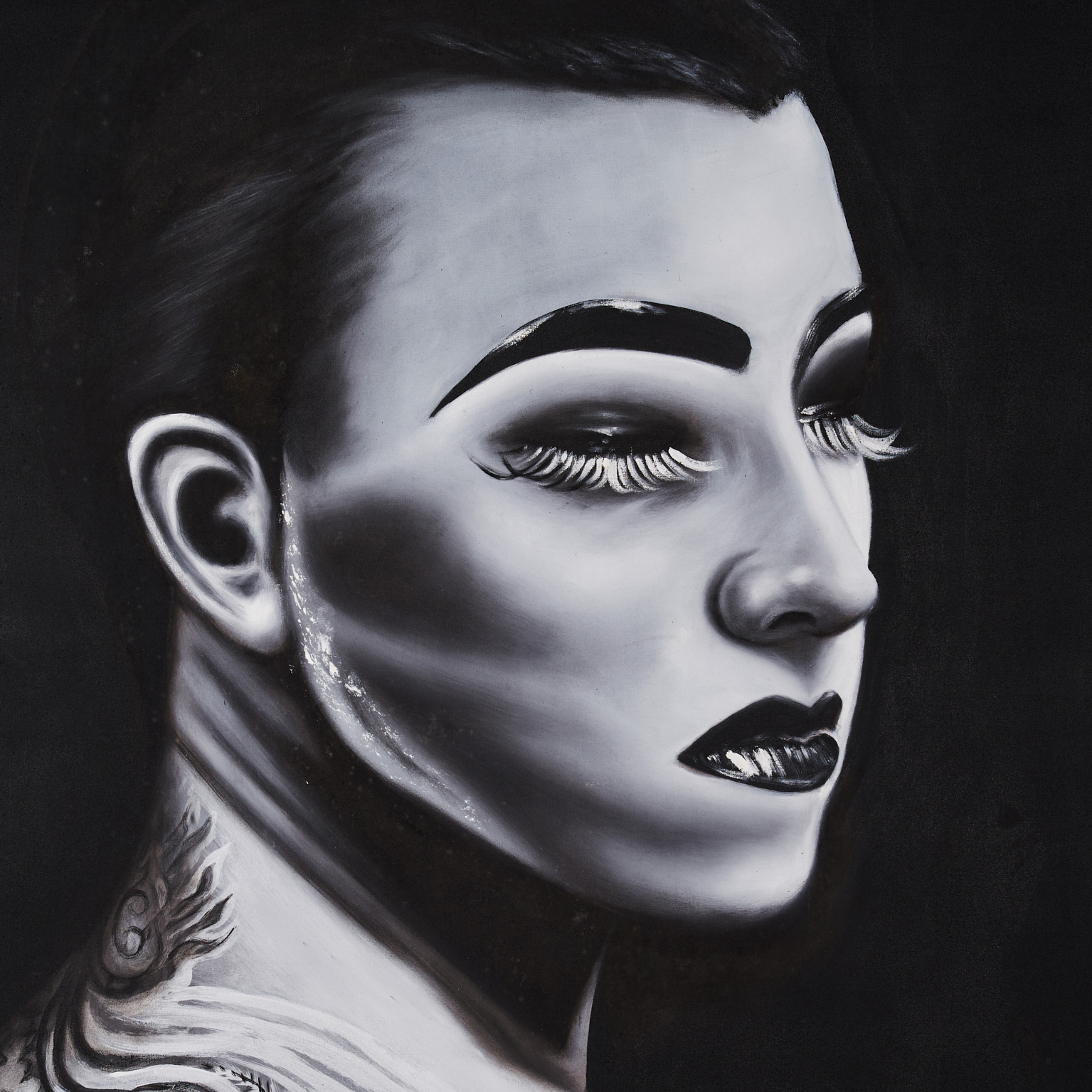 Lienzo Charlotte de estilo contemporáneo fabricado en lienzo en color blanco con acabado artesanal en color negro.