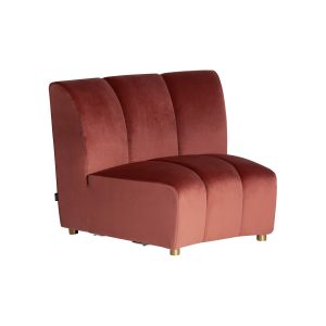 Sofá modular Suhl de estilo art deco fabricado en terciopelo en color rosa combinado con madera de pino y madera dm. Patas acero inoxidable.