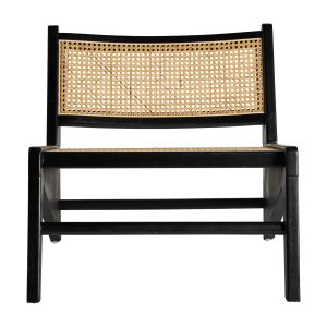 Sillón seon de estilo contemporáneo fabricado en madera de olmo en color negro combinado con ratán en color marrón claro.