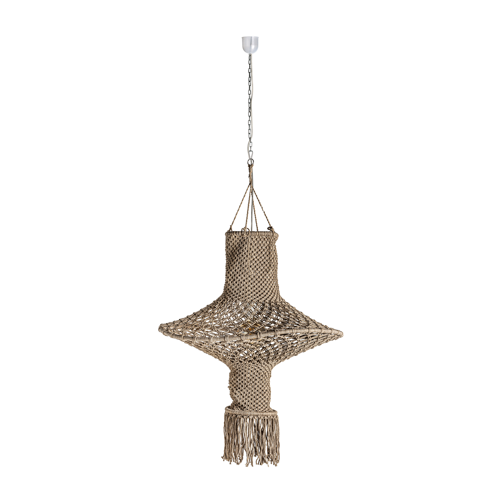 Lámpara de colgar de estilo étnico fabricado en algodón en color marrón. Producto plegable.