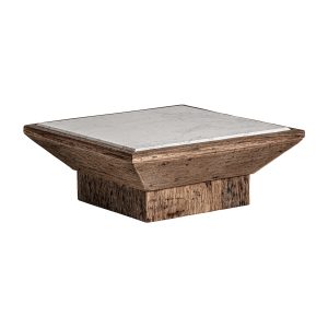 Mesa de centro samsun de estilo étnico fabricado en madera de pino reciclado en color marrón con acabado envejecido combinado con mármol en color blanco. Varias maderas: pino mango teka acacia.