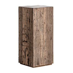 Peana Samsun de estilo étnico fabricado en madera de pino reciclado en color marrón con acabado envejecido combinado con mármol. Varias maderas: pino mango teka acacia. Producto desmontable.