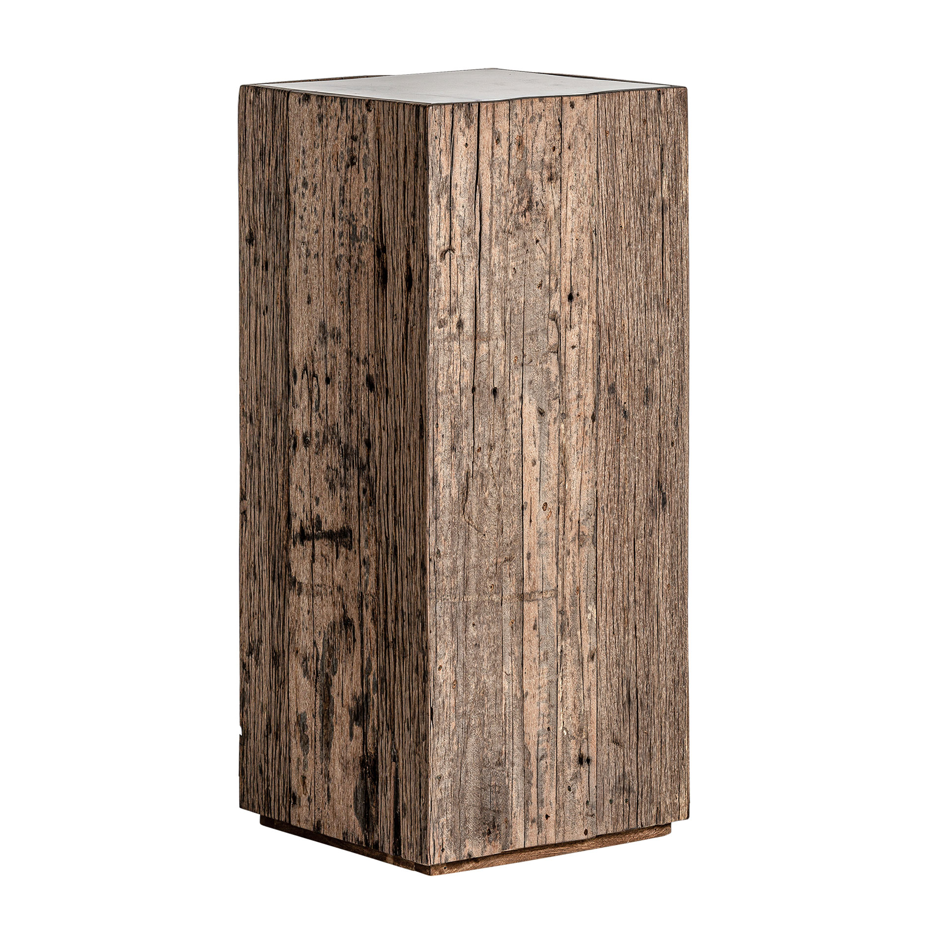 Peana Samsun de estilo étnico fabricado en madera de pino reciclado en color marrón con acabado envejecido combinado con mármol. Varias maderas: pino mango teka acacia. Producto desmontable.