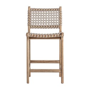 Taburete Beardon de estilo colonial fabricado en madera de teka en color marrón combinado con cuerda sintética en color beige.