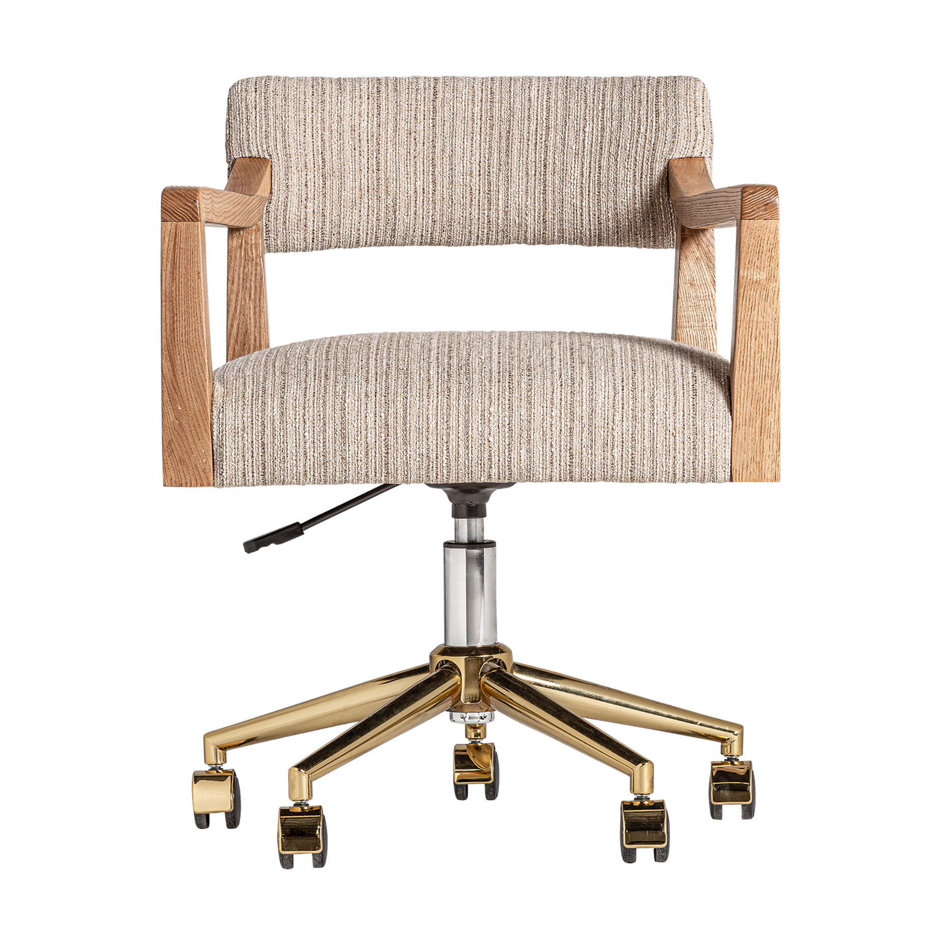 Silla escritorio nozay de estilo art deco fabricado en poliéster en color marrón combinado con madera roble y acero. Producto elevable.