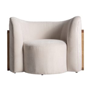 Sillón nyul de estilo contemporáneo fabricado en madera de pino en color blanco roto combinado con poliéster en color marrón y ratán.