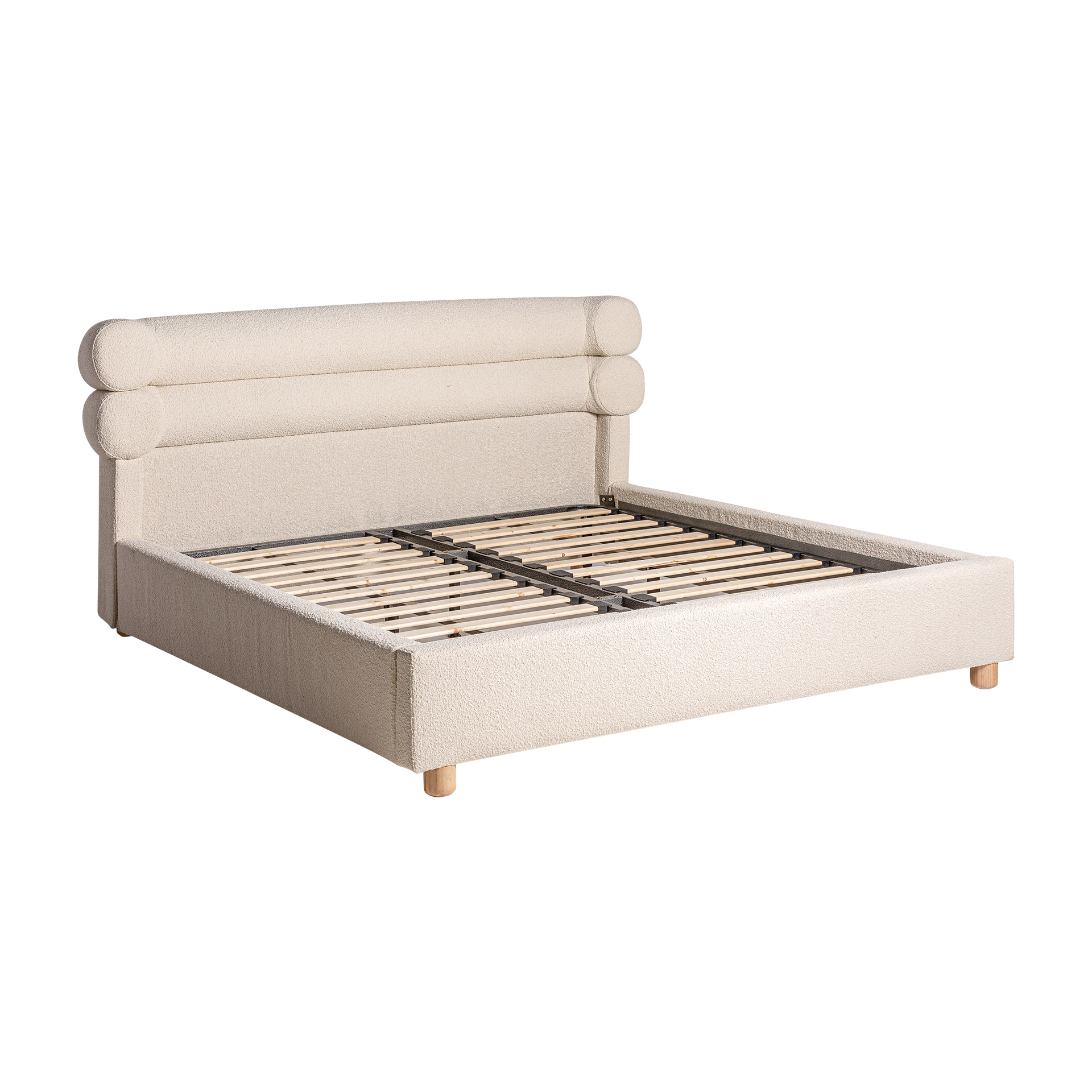 Cama chiari de estilo contemporáneo fabricado en madera de pino en color blanco roto combinado con algodón bouclé. Producto desmontable.