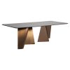 Mesa comedor tux de estilo art deco fabricado en porcelánico en color marrón combinado con acero en color cobre. Producto desmontable.