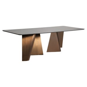 Mesa comedor tux de estilo art deco fabricado en porcelánico en color marrón combinado con acero en color cobre. Producto desmontable.