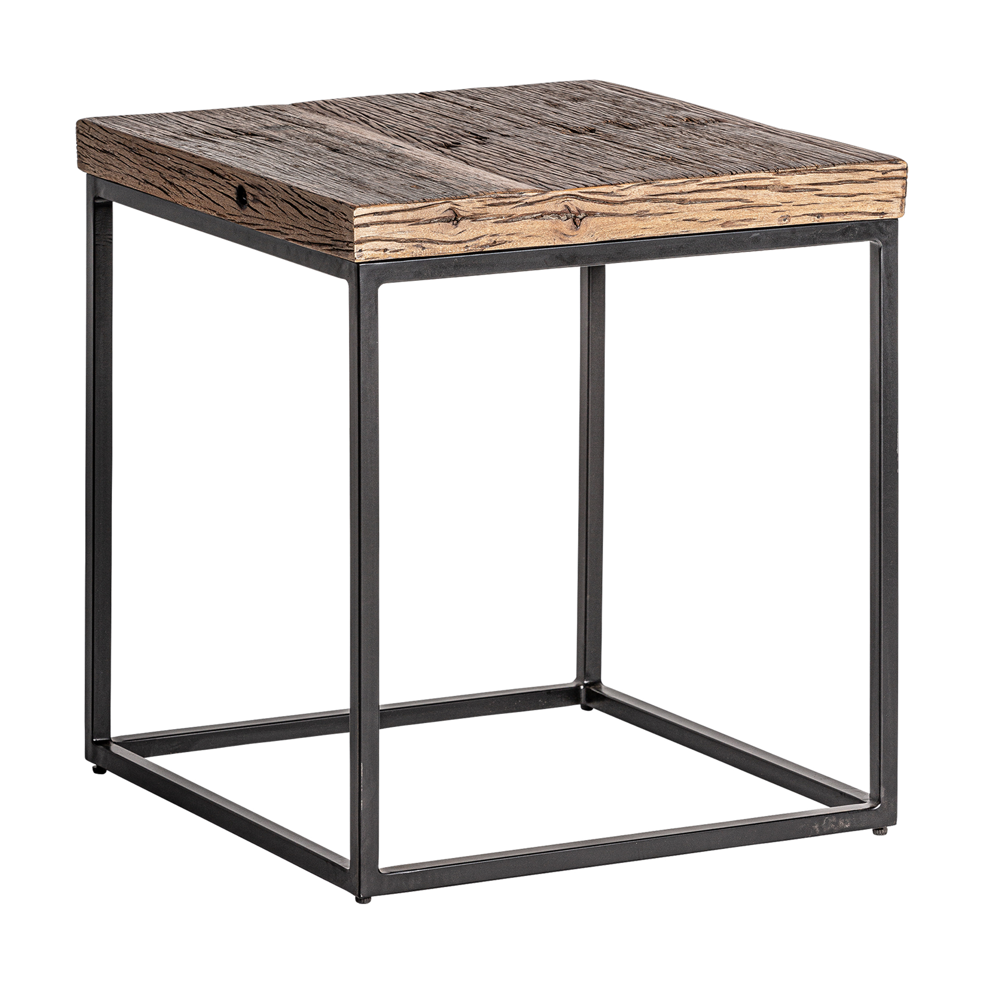 Mesa auxiliar walding de estilo industrial fabricado en madera recuperada en color marrón combinado con hierro.