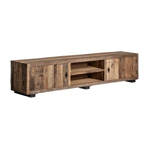 Mueble tv carrik de estilo colonial fabricado en madera recuperada en color marrón combinado con hierro.