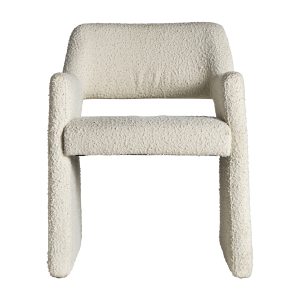 Silla alvra de estilo art deco fabricado en algodón bouclé en color blanco roto combinado con espuma y madera dm. Producto desenfundable.