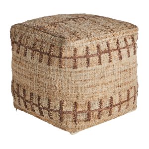 Puff mittet de estilo boho fabricado en yute en color tonos en marrón combinado con piel en color marrón y algodón. Producto desenfundable.