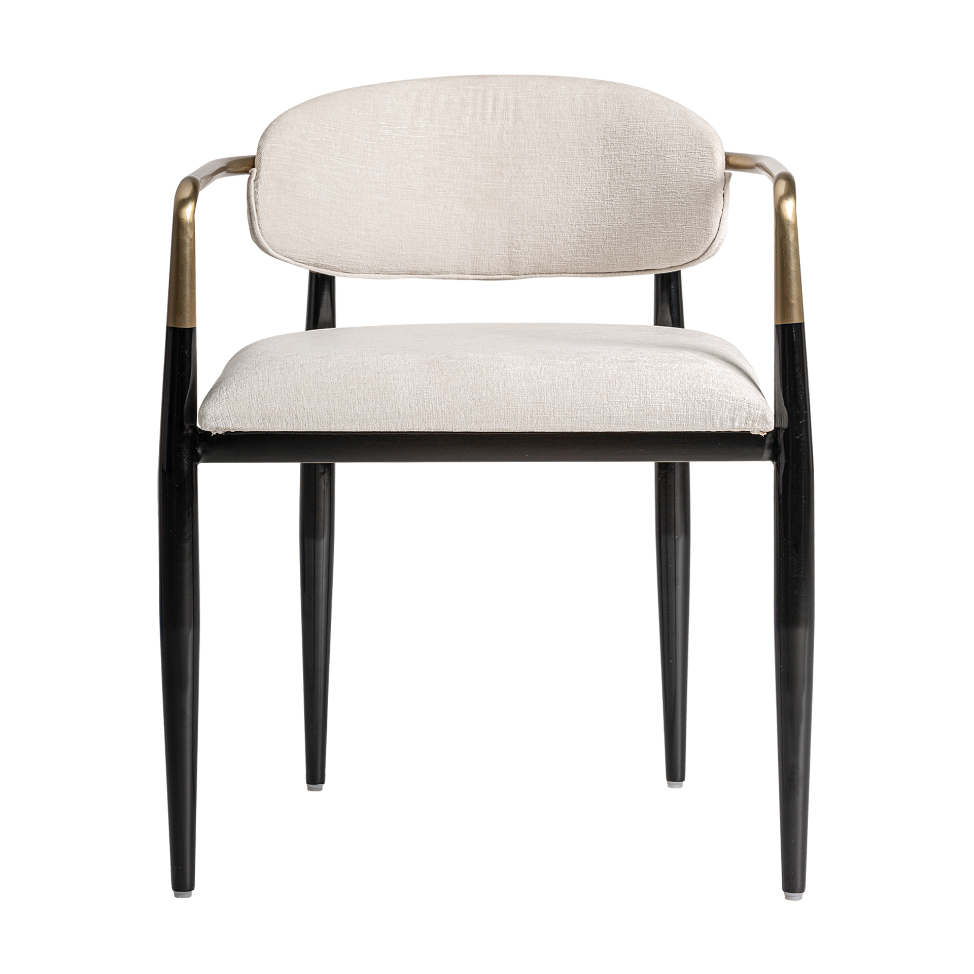 Silla laggan de estilo art deco. Fabricado en acero en color negro blanco oro combinado con lino en color negro.