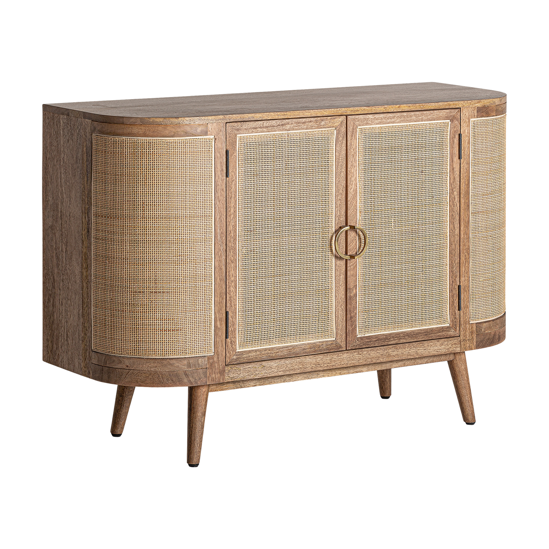 Aparador beckley de estilo nórdico fabricado en madera de mango en color marrón y mimbre en color marrón claro.