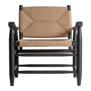 Sillón Dalvik de estilo contemporáneo fabricado en madera de caucho en color negro combinado con cuerda en color marrón claro.