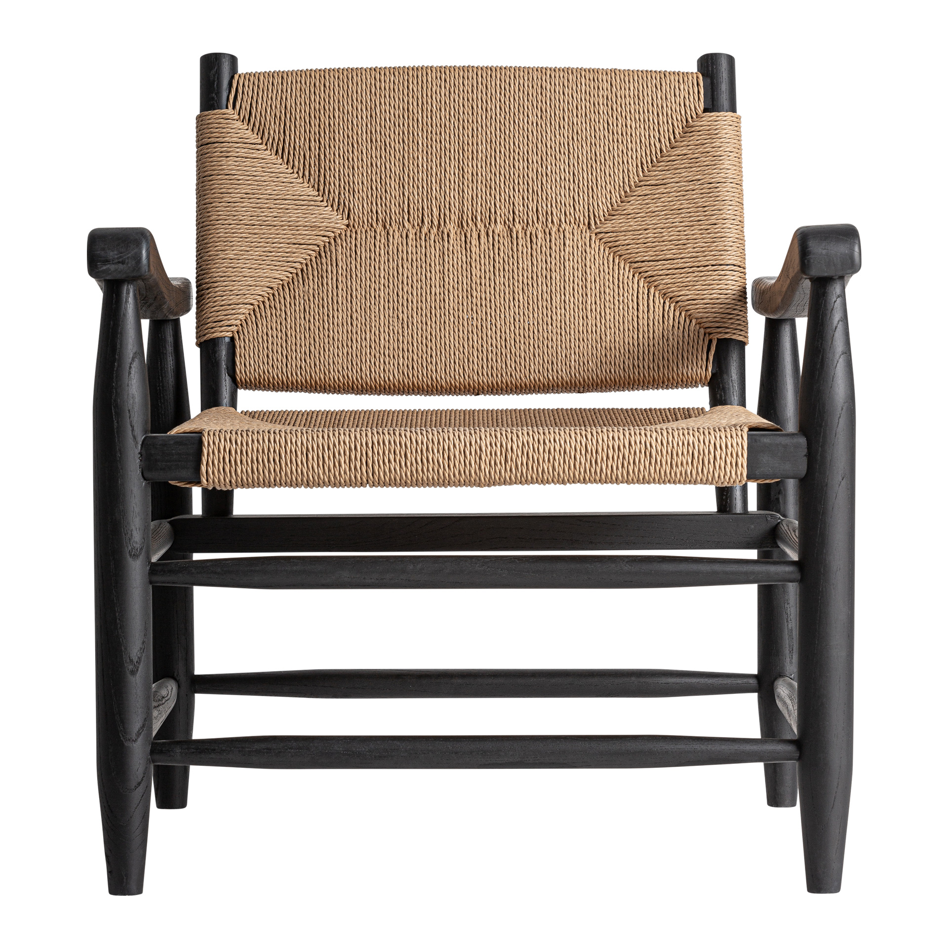 Sillón Dalvik de estilo contemporáneo fabricado en madera de caucho en color negro combinado con cuerda en color marrón claro.