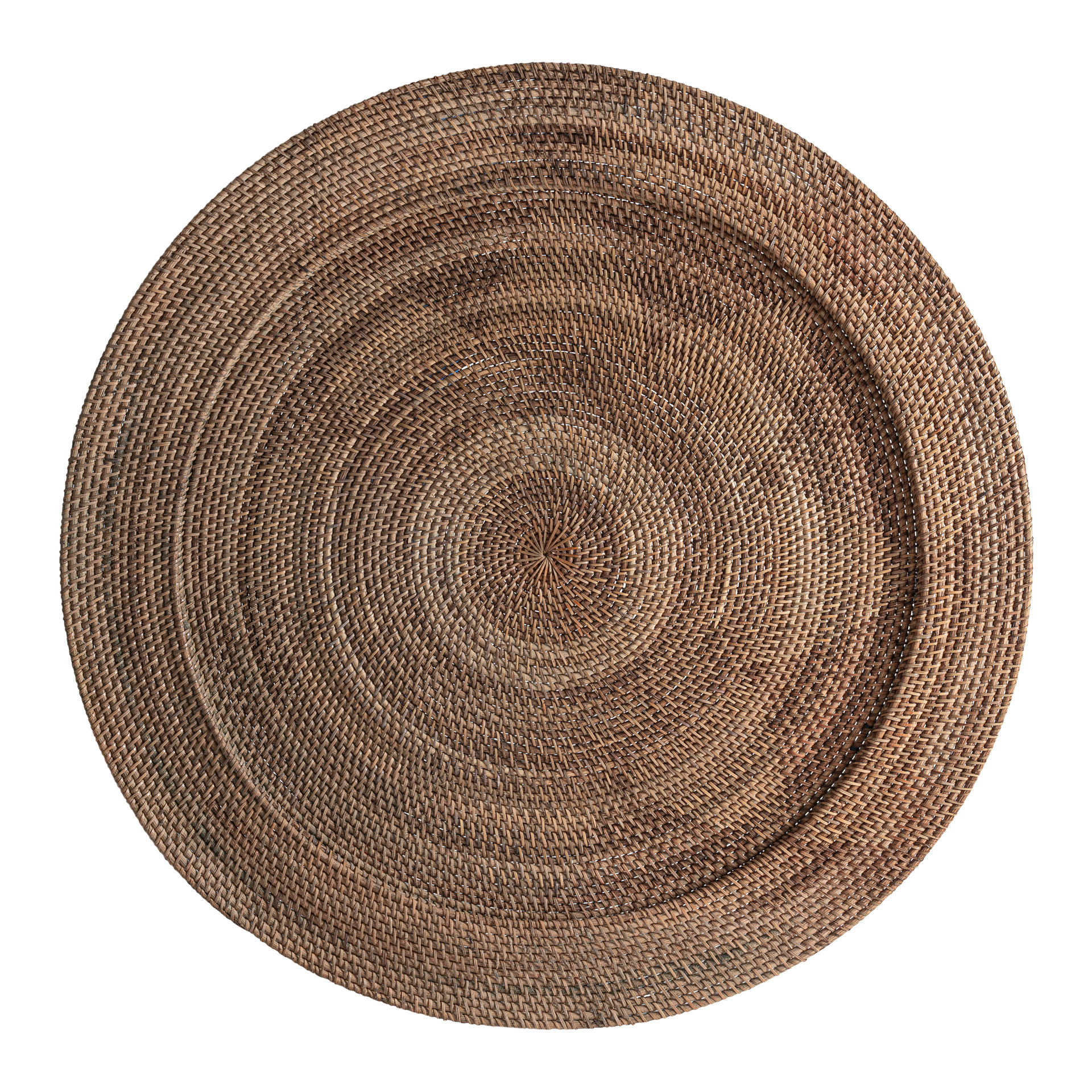 Plato decorativo de estilo boho fabricado en ratán en color tonos en marrón.