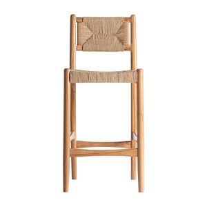Taburete Agia de estilo contemporáneo fabricado en madera de teka en color marrón combinado con cáñamo en color marrón claro.