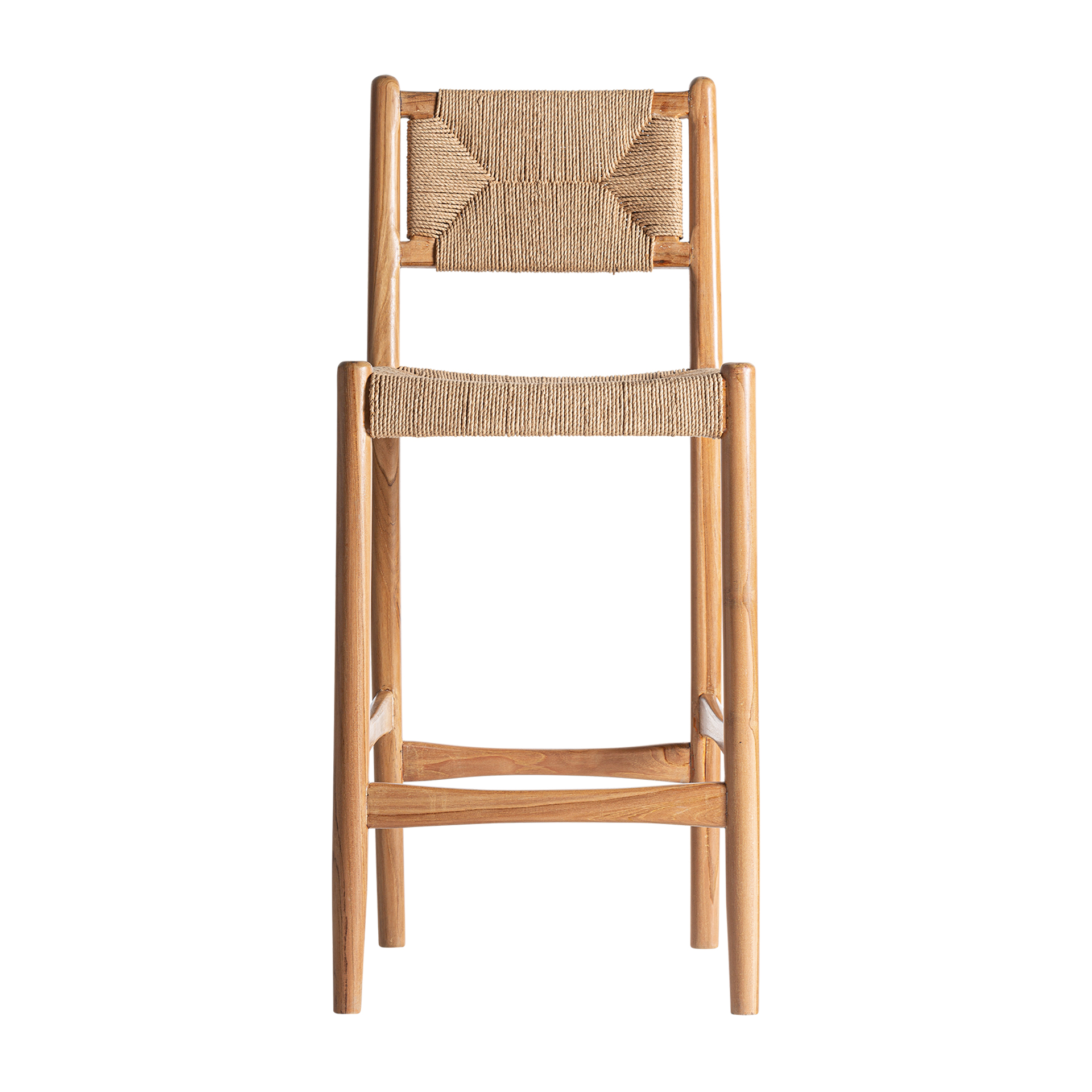 Taburete Agia de estilo contemporáneo fabricado en madera de teka en color marrón combinado con cáñamo en color marrón claro.