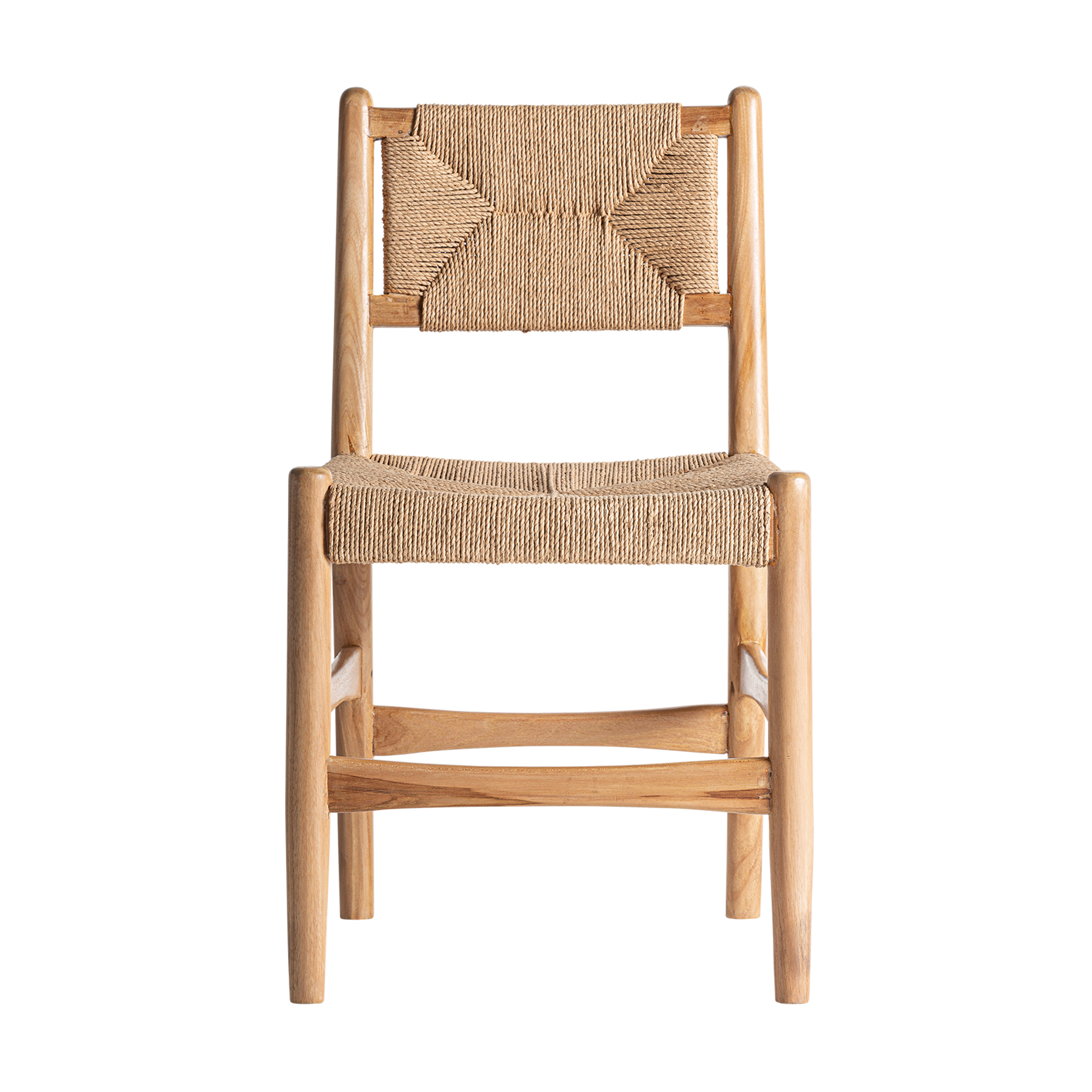Silla Agia de estilo contemporáneo fabricado en madera de teka en color marrón claro combinado con cáñamo en color marrón claro.