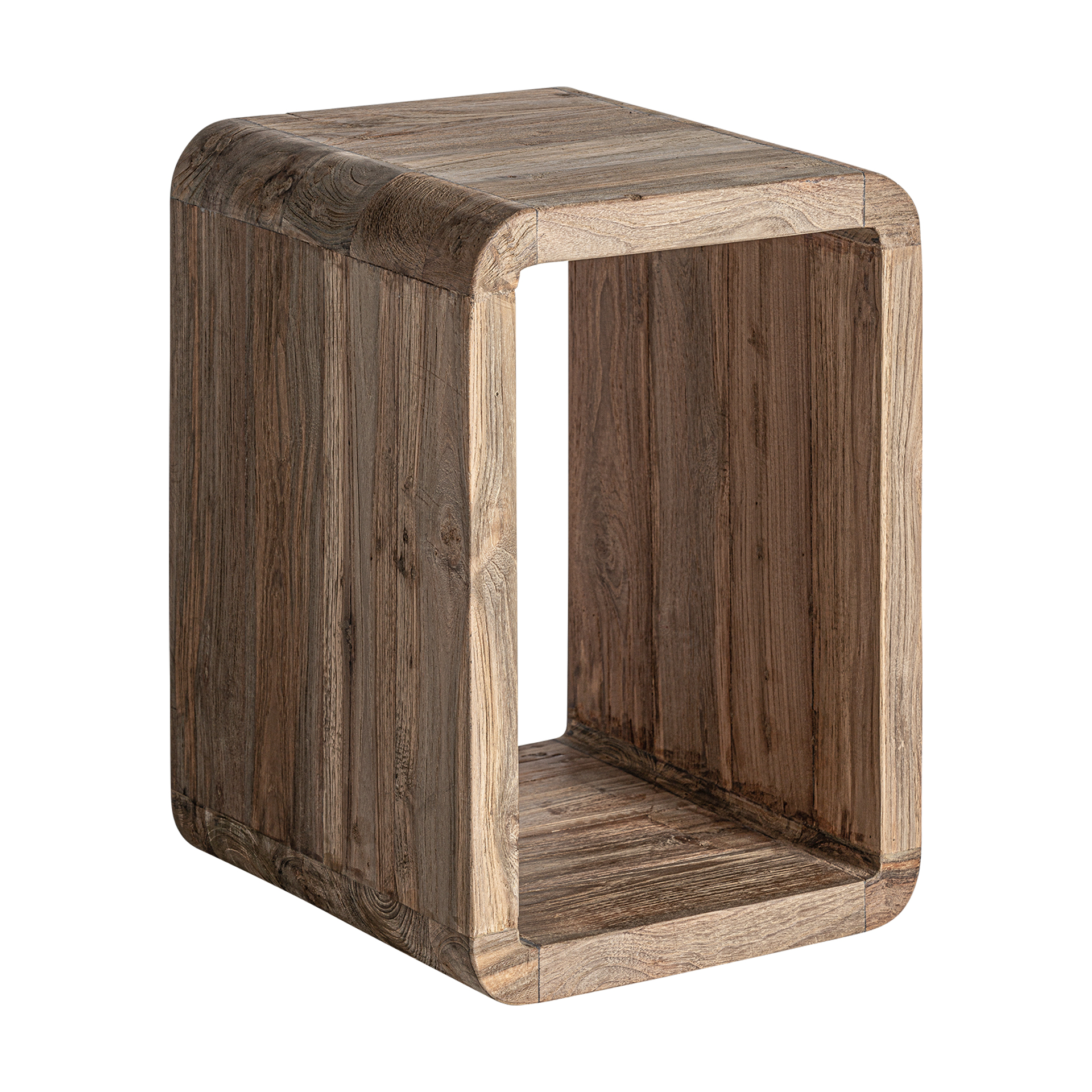 Mesa auxiliar corba de estilo colonial fabricado en madera de teka reciclada en color marrón con acabado natural.