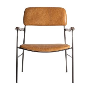 Sillón waky de estilo vintage fabricado en piel en color marrón combinado con hierro y madera de caucho.