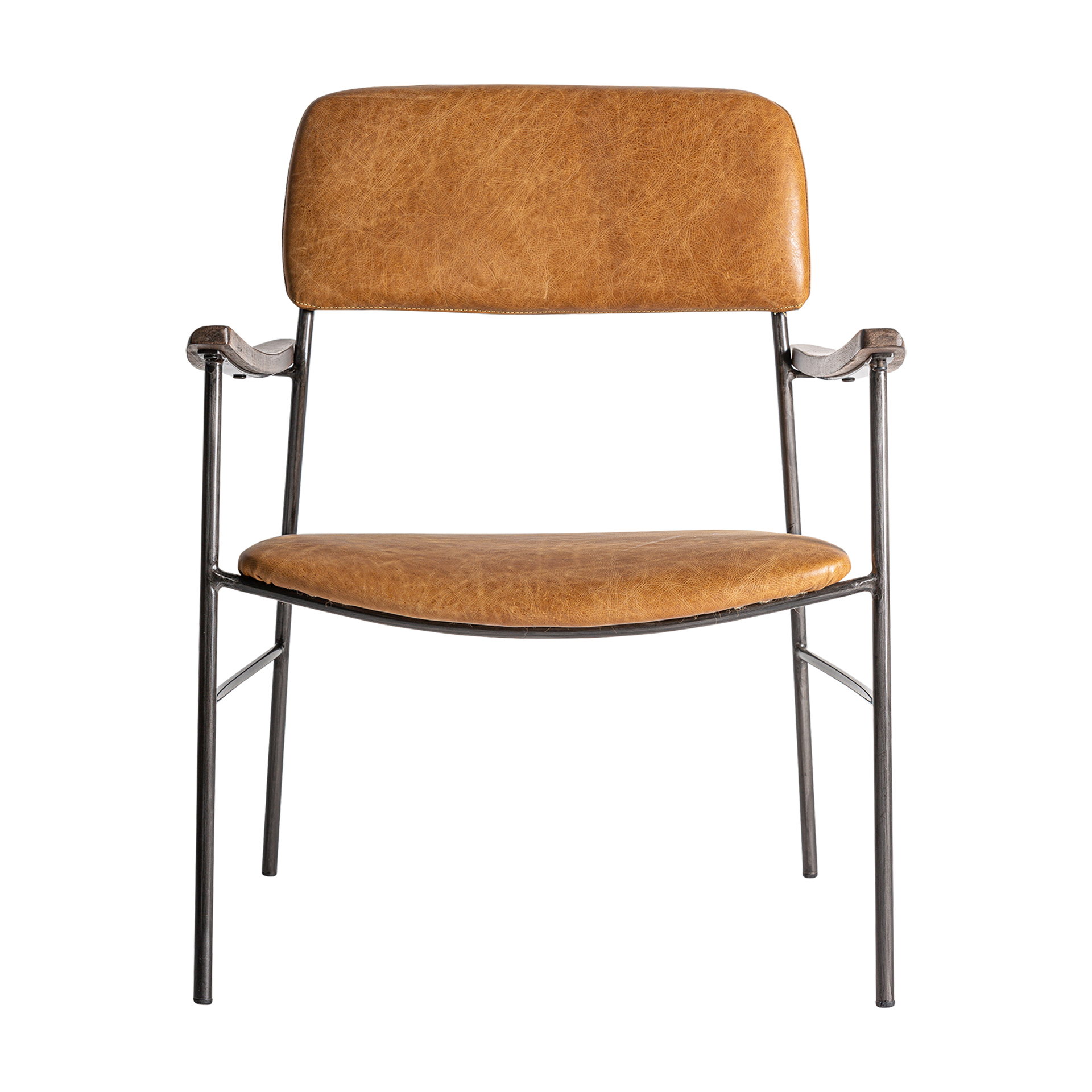 Sillón waky de estilo vintage fabricado en piel en color marrón combinado con hierro y madera de caucho.